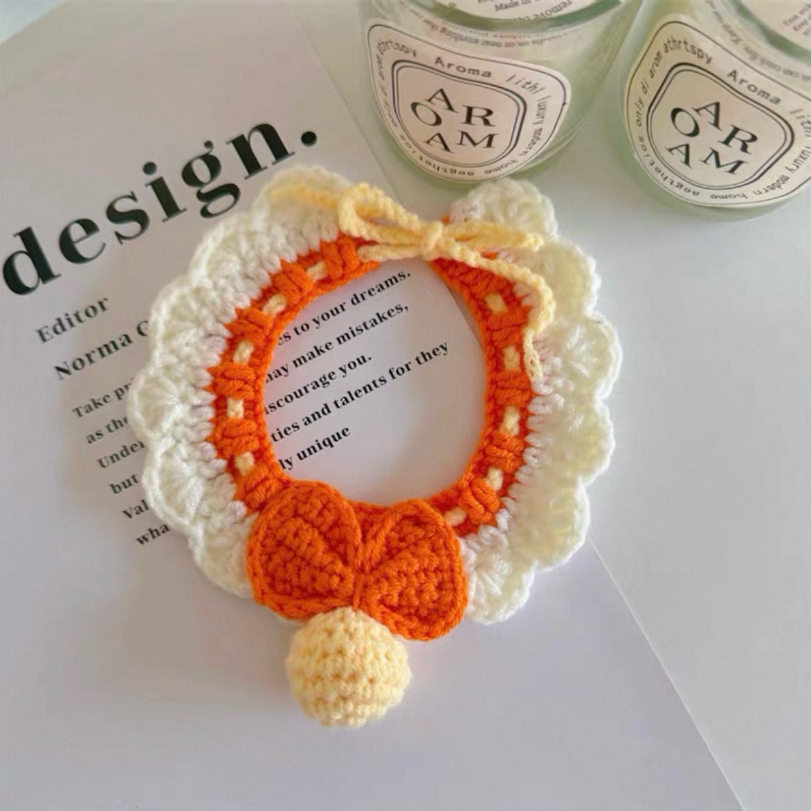 Handmade Crochet Pet Collar: Orange Bell