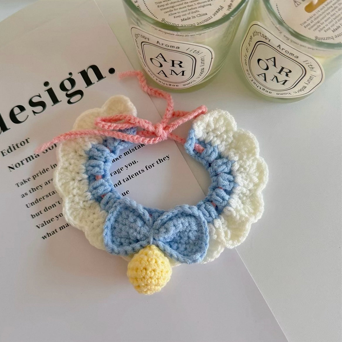 Handmade Crochet Pet Collar: Blue Bell